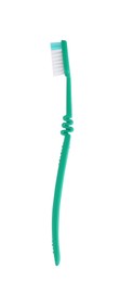 Green plastic toothbrush isolated on white. Dental care