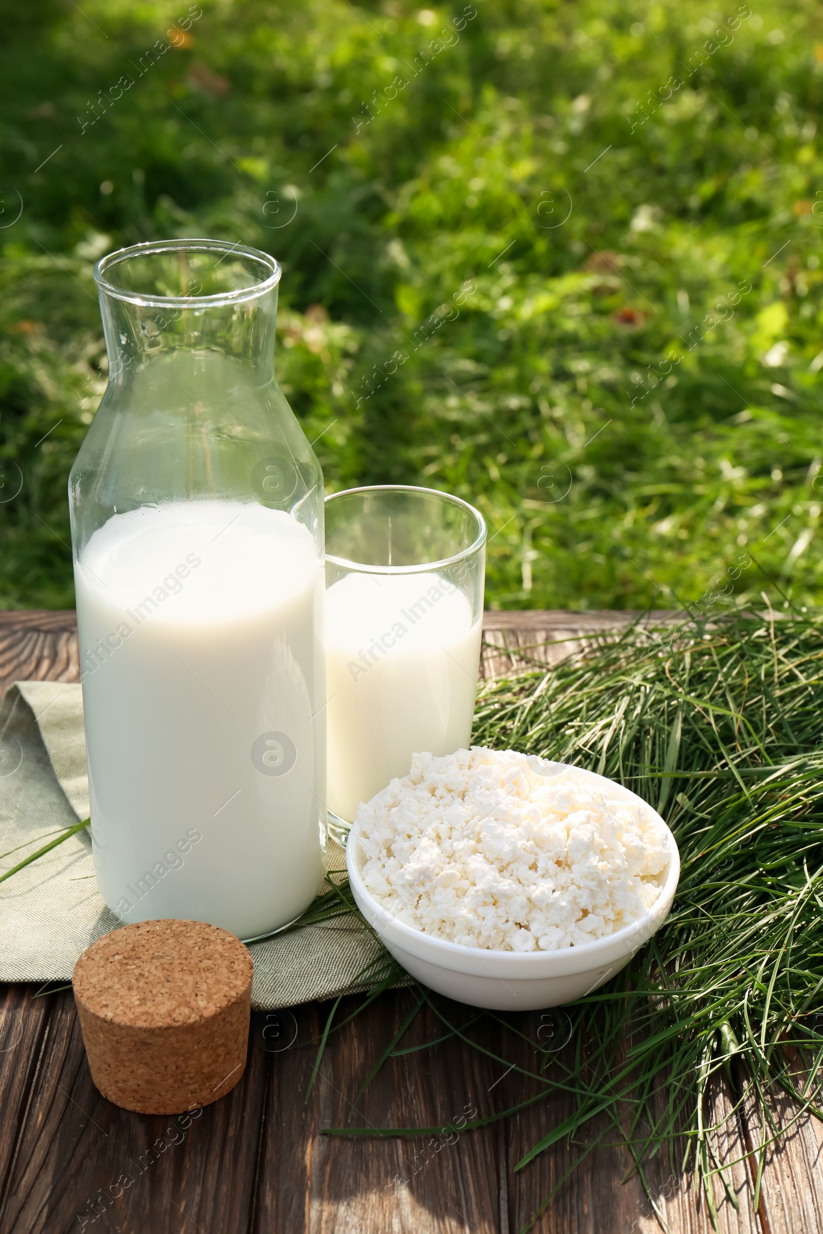 Photo of Tasty fresh milk and cottage cheese on wooden table outdoors