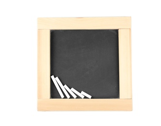 Photo of Small clean blackboard with chalk on white background