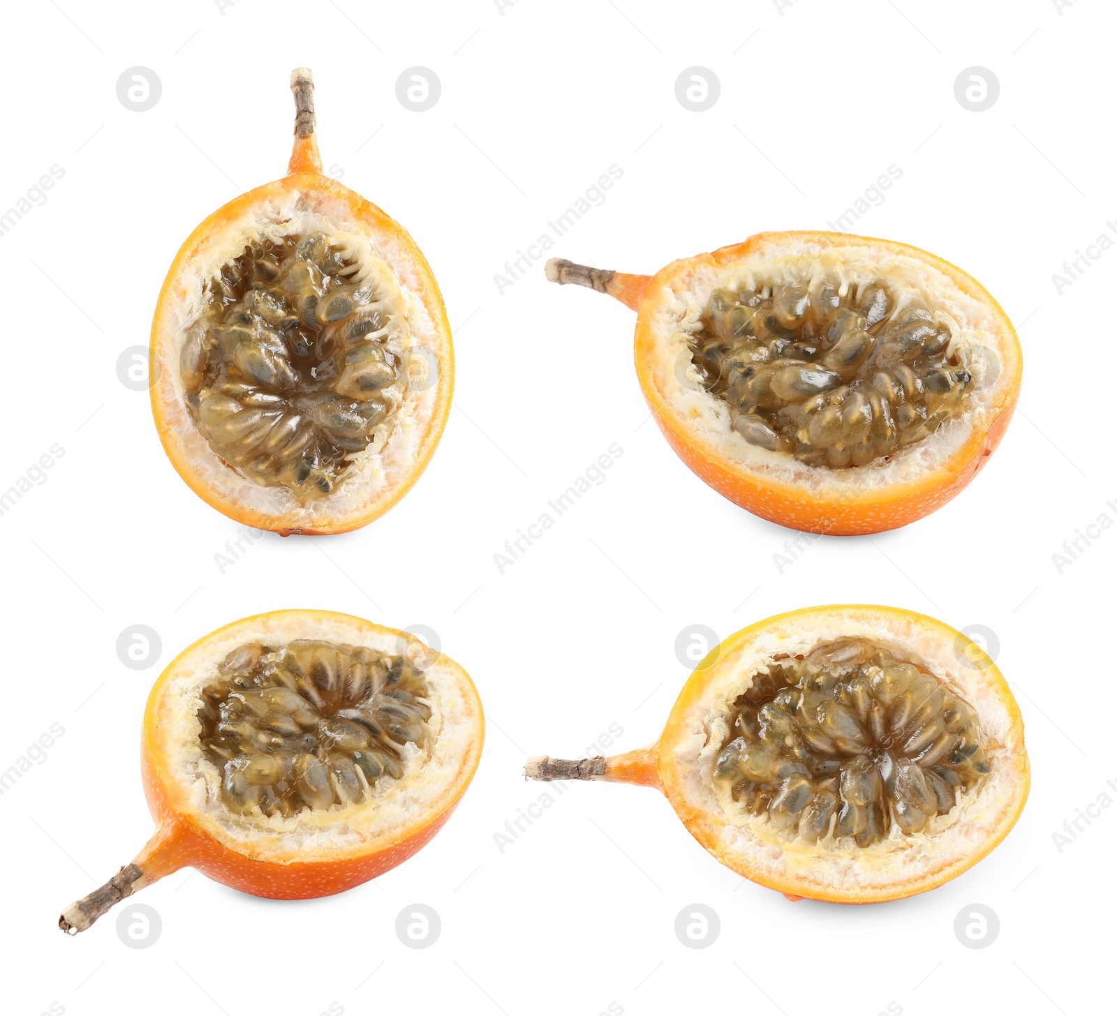 Image of Set with delicious granadillas on white background