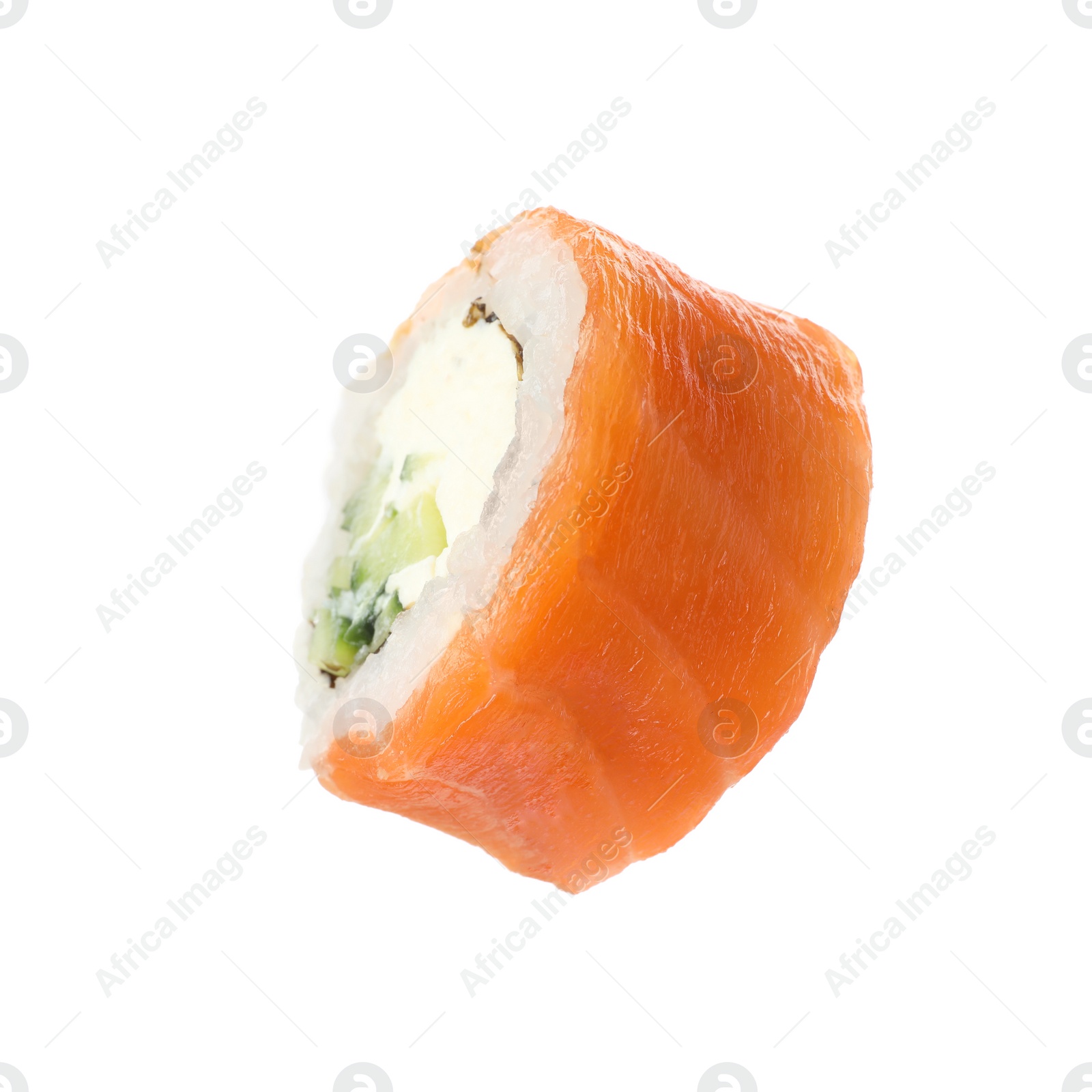 Photo of Delicious fresh sushi roll on white background