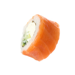 Photo of Delicious fresh sushi roll on white background