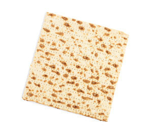 Photo of Passover matzo isolated on white, top view. Pesach celebration