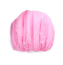 Photo of Pink shower cap isolated on white, top view