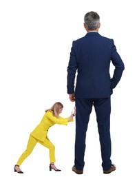 Image of Small woman pushing giant man on white background