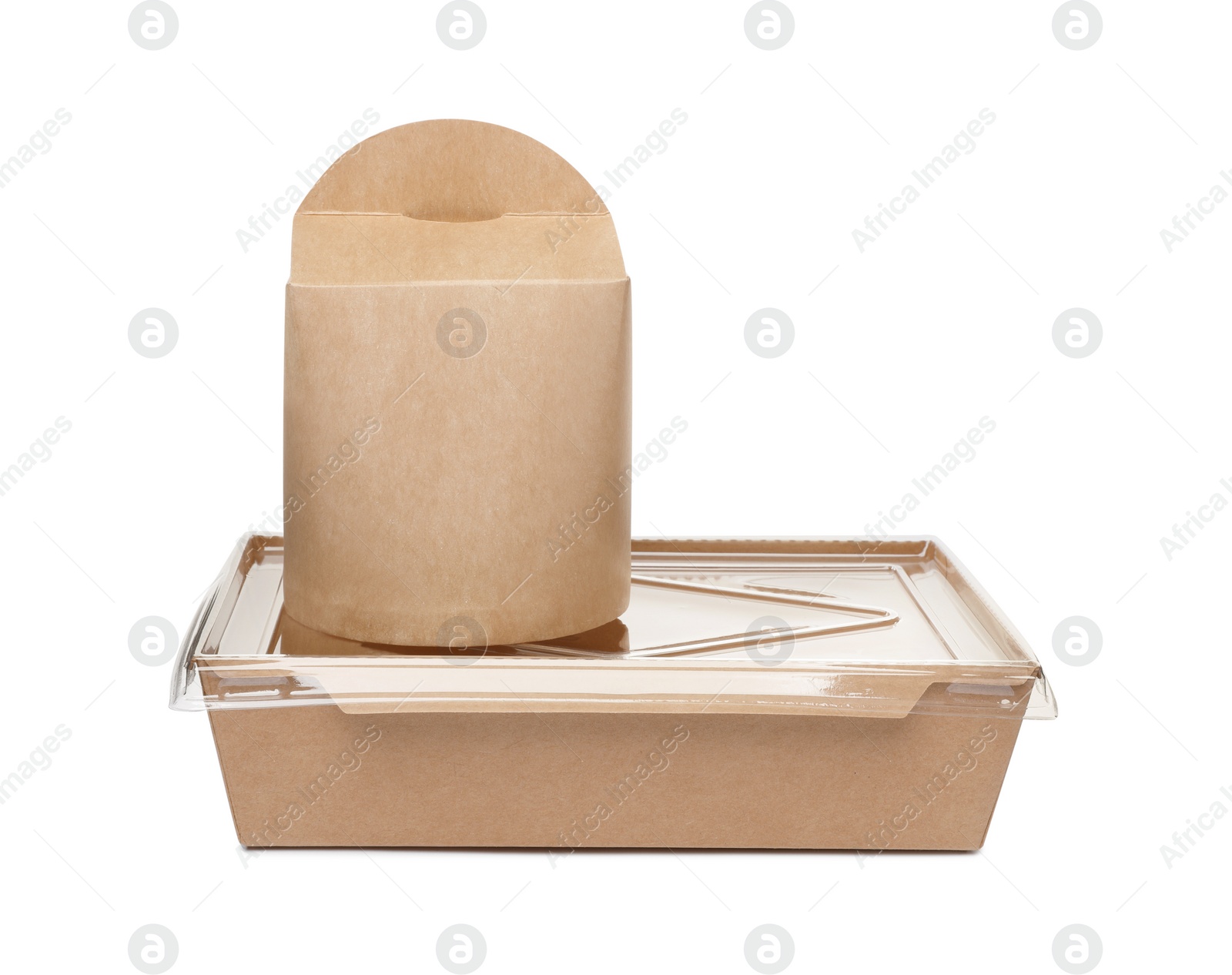 Photo of Paper container and box for food on white background