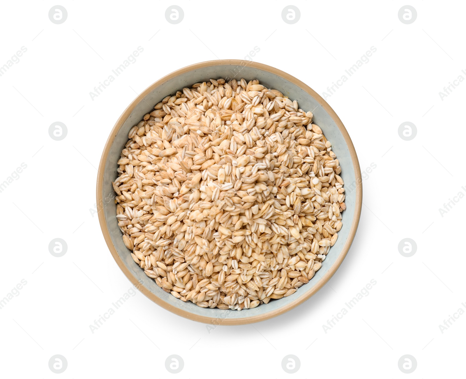 Photo of Dry pearl barley in bowl isolated on white, top view