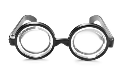 Photo of Funny glasses isolated on white. Clown's accessory
