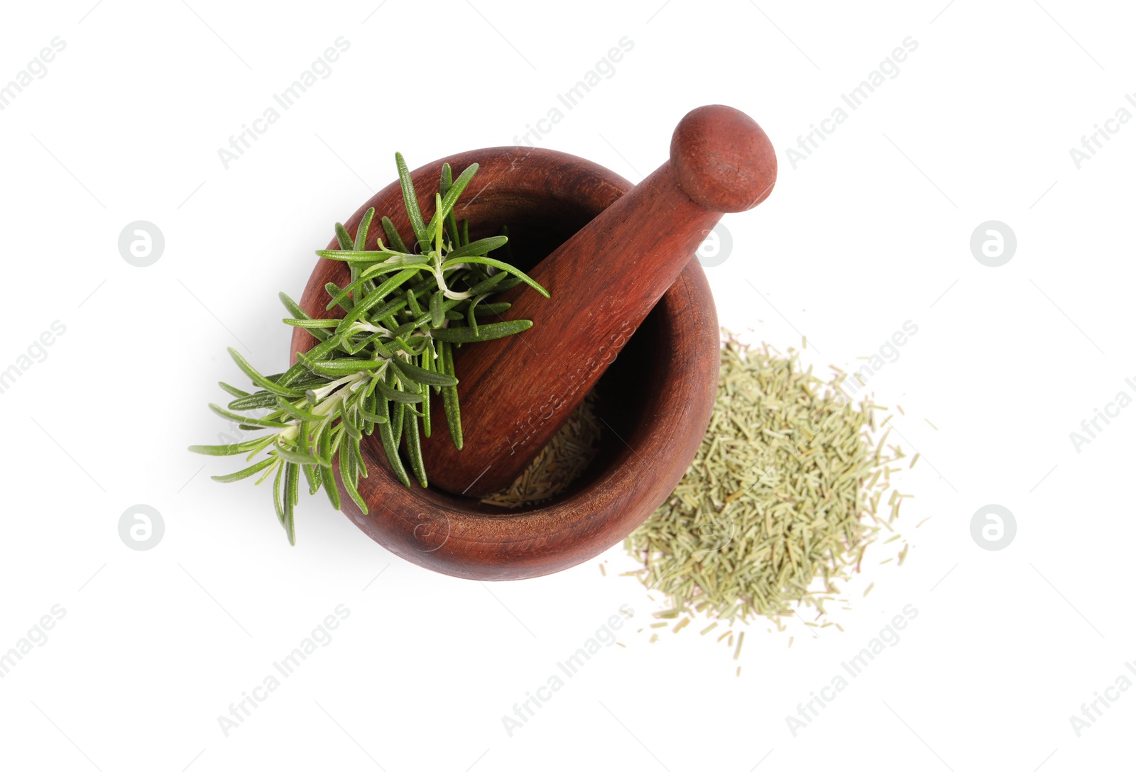 Photo of Mortar with fresh and dry rosemary isolated on white, top view