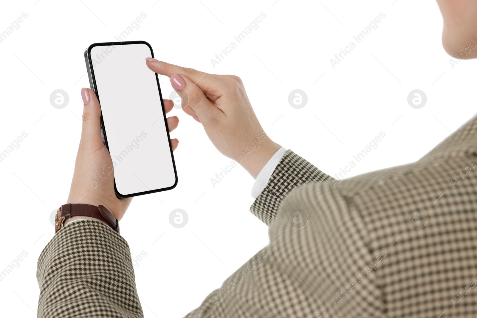 Photo of Woman using smartphone with blank screen on white background, closeup. Mockup for design