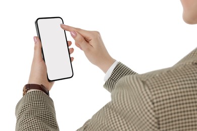 Woman using smartphone with blank screen on white background, closeup. Mockup for design