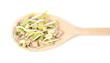 Mung bean sprouts in wooden spoon isolated on white, top view