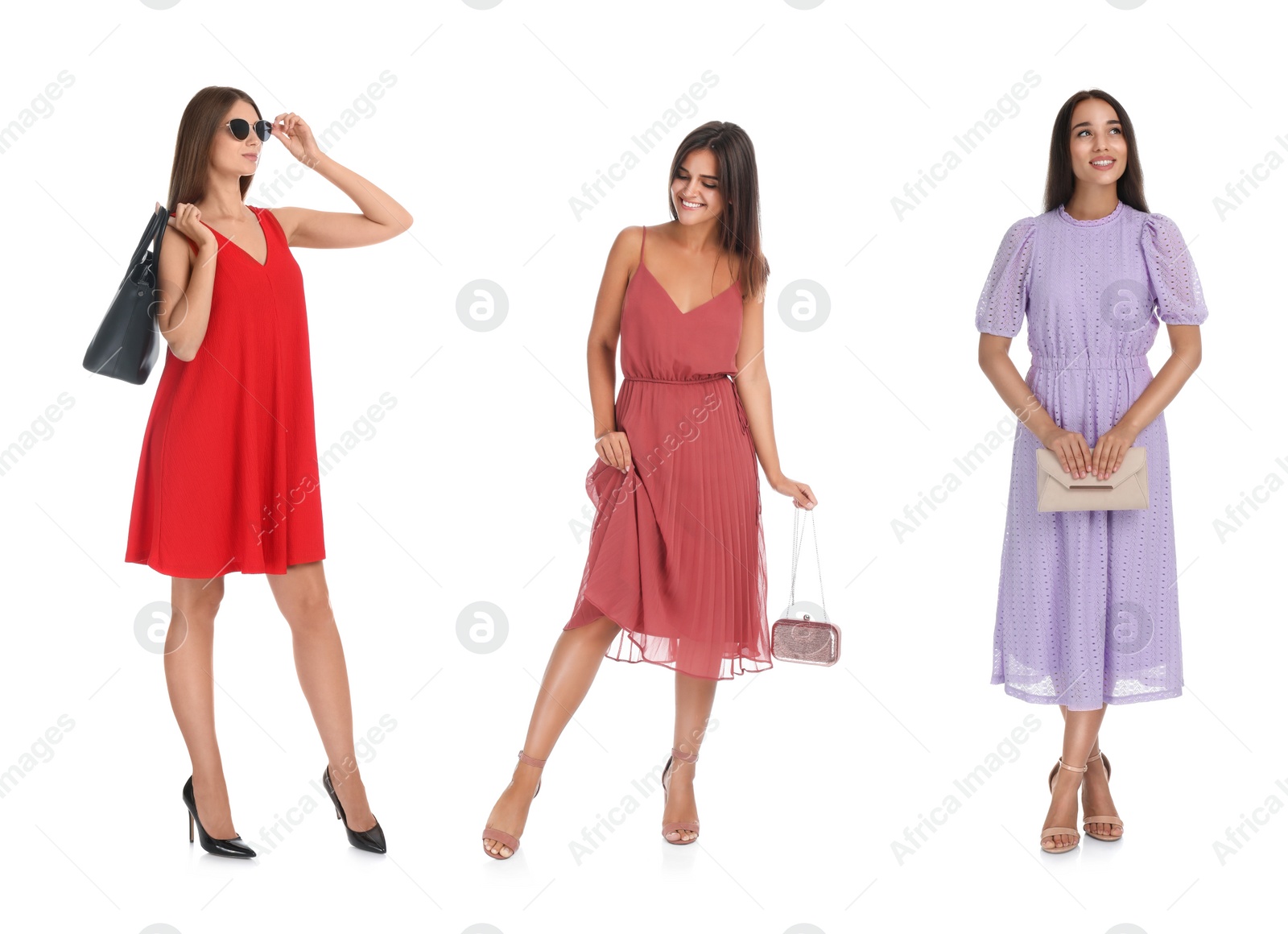 Image of Collage with photos of women wearing different dresses on white background