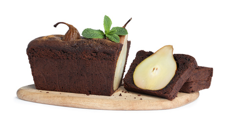 Photo of Tasty pear bread with mint on white background. Homemade cake