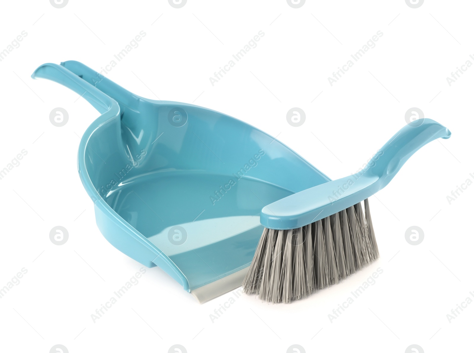 Photo of Plastic hand broom and dustpan on white background