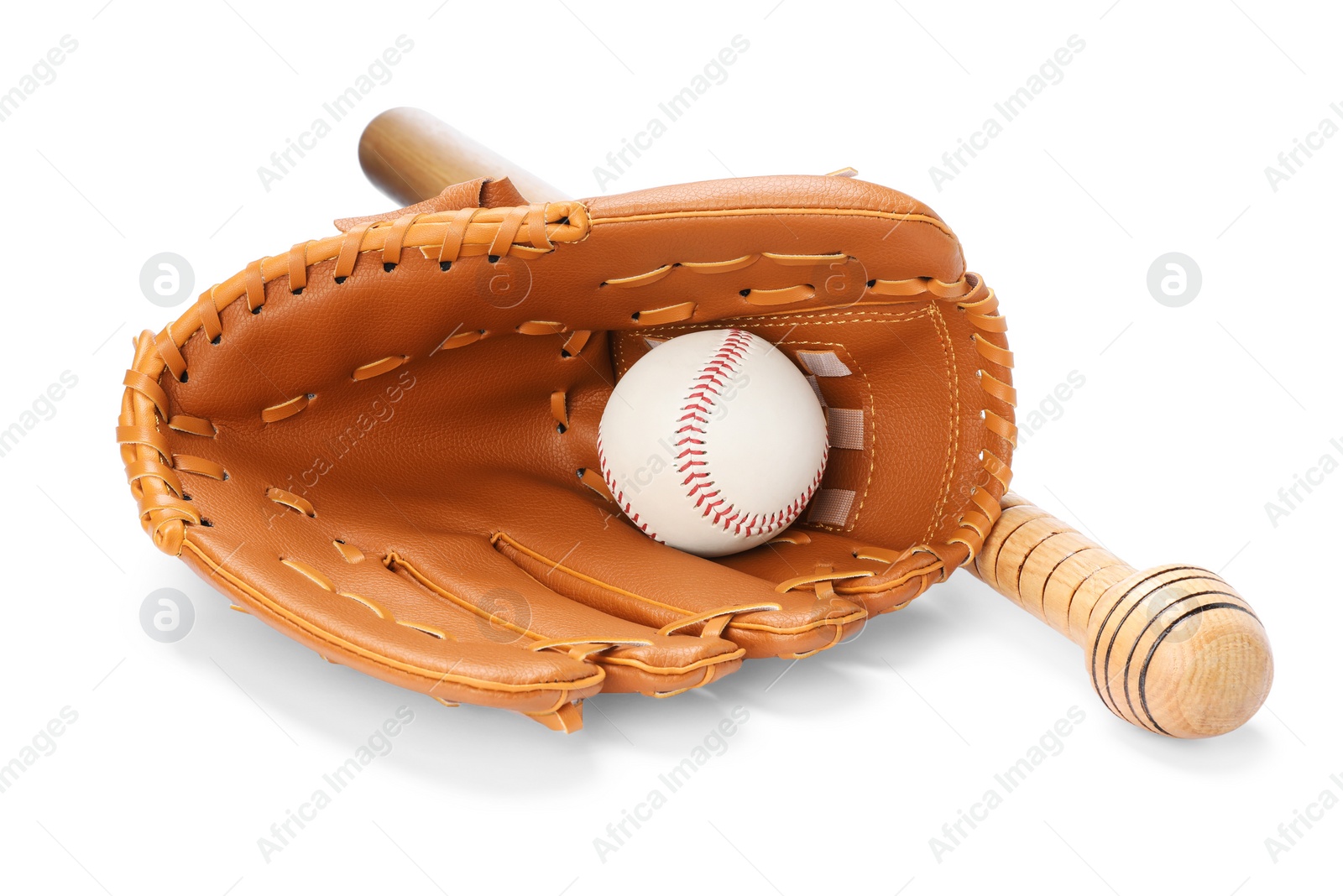 Photo of Wooden baseball bat, ball and glove isolated on white