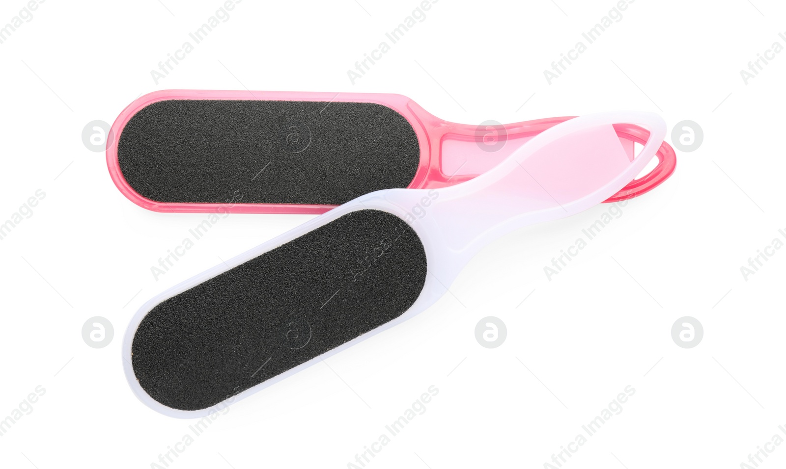 Photo of Foot files on white background, top view. Pedicure tools