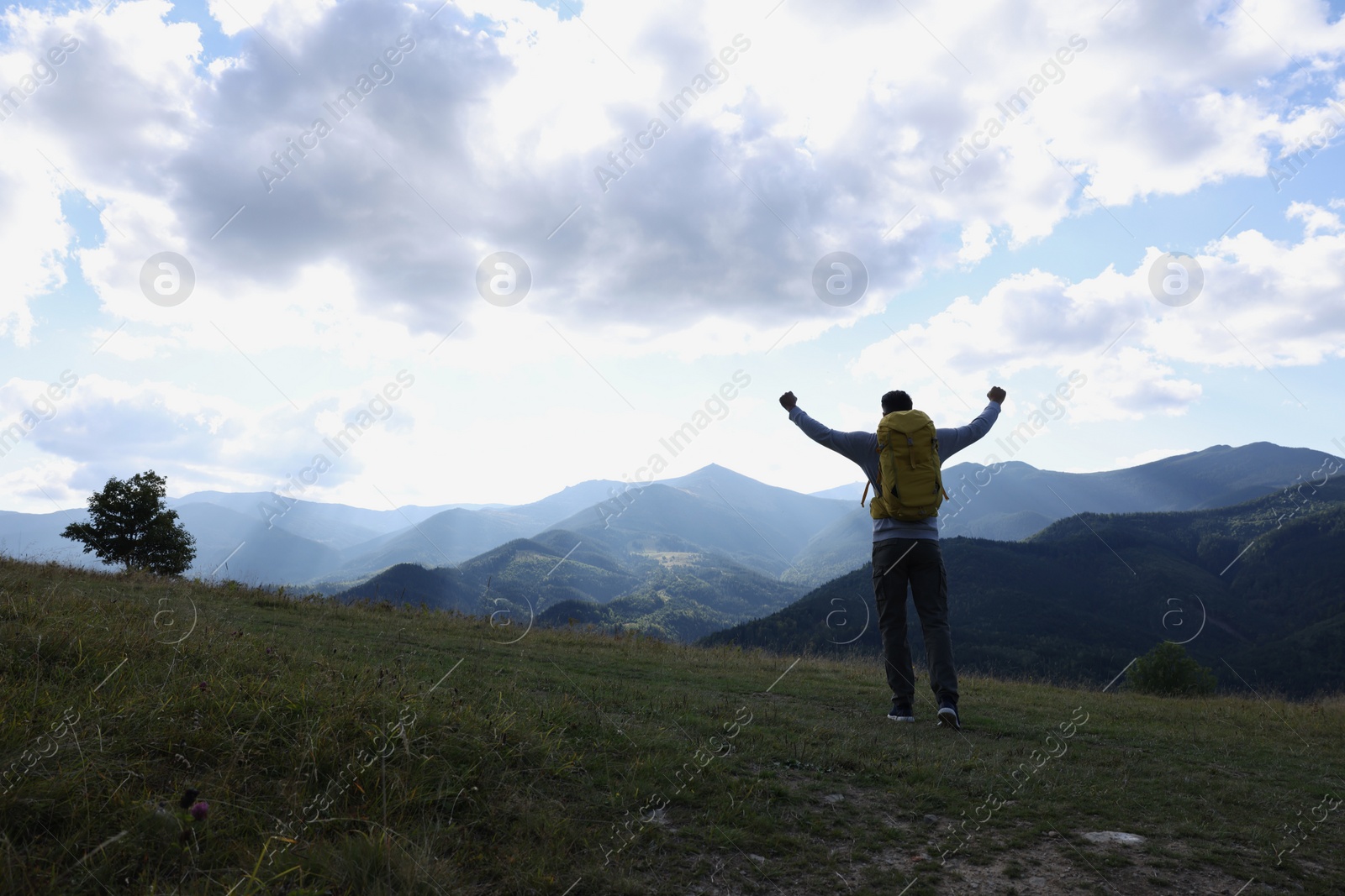 Photo of Triumphant tourist on top of mountain, back view. Space for text