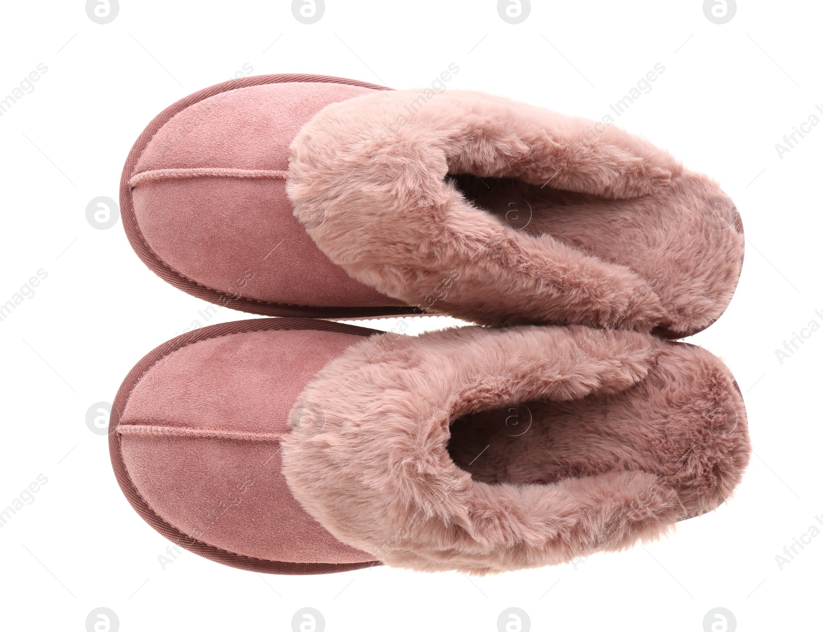 Photo of Stylish soft slippers on white background, top view