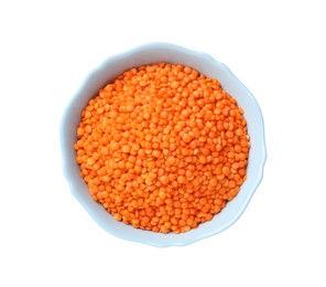 Photo of Raw red lentils in bowl isolated on white, top view