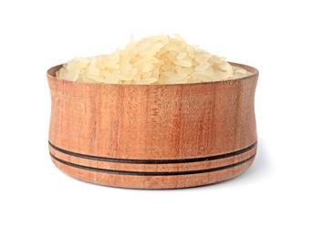 Photo of Bowl with uncooked parboiled rice on white background