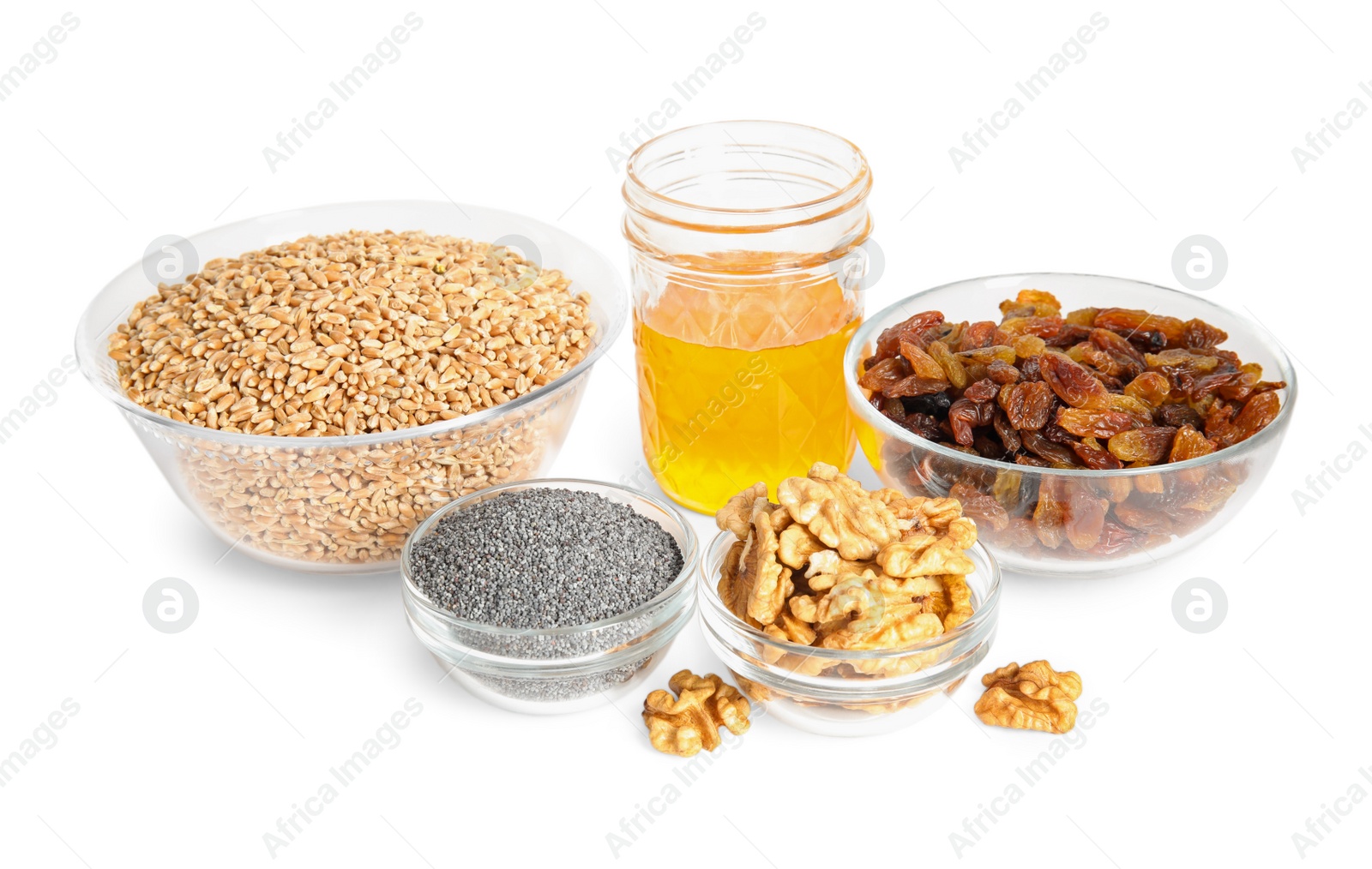 Photo of Ingredients for traditional kutia on white background