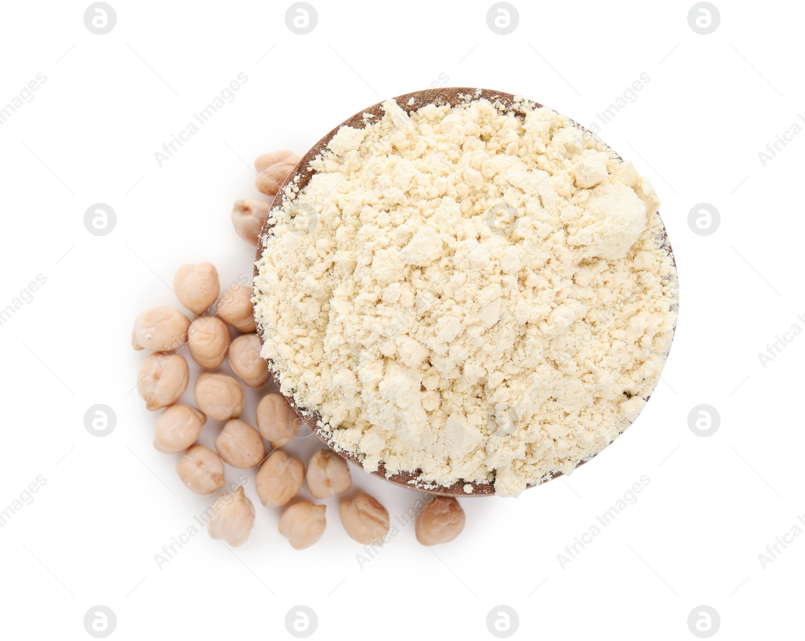 Photo of Chickpea flour in wooden bowl and seeds isolated on white, top view