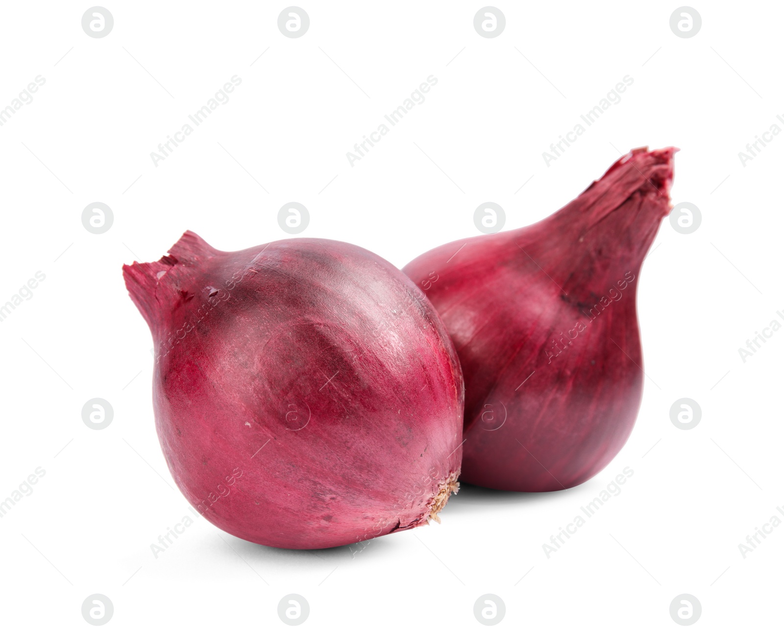 Photo of Ripe red onions on white background