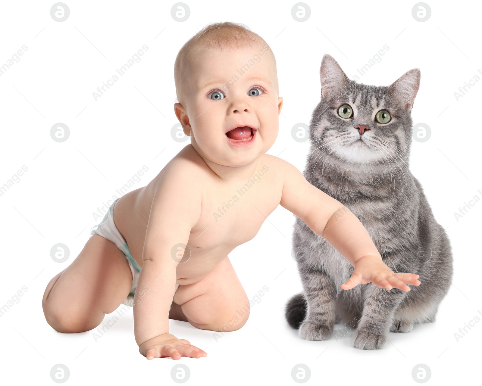 Image of Cute little baby with his pet on white background