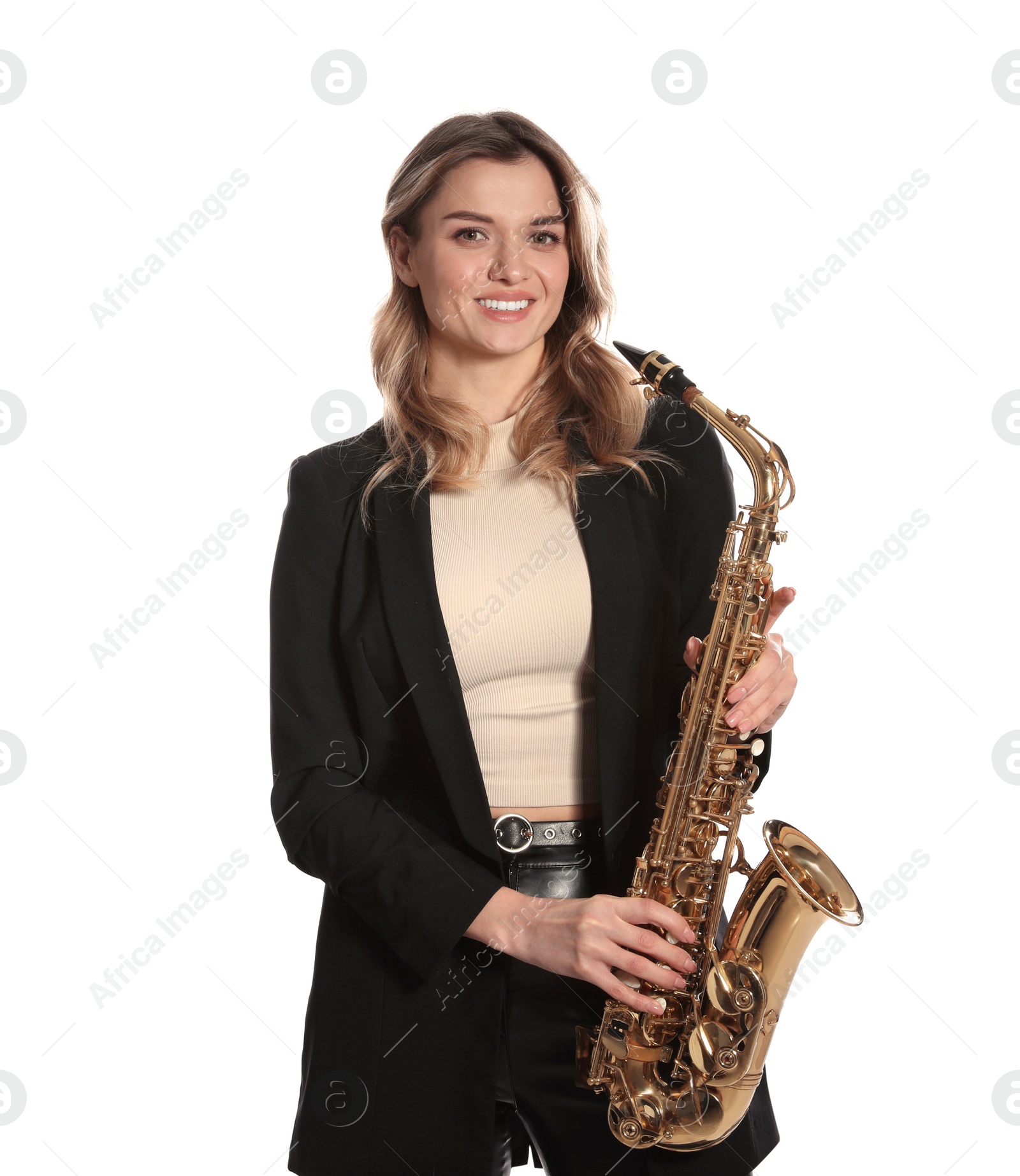 Photo of Beautiful young woman in elegant suit with saxophone on white background