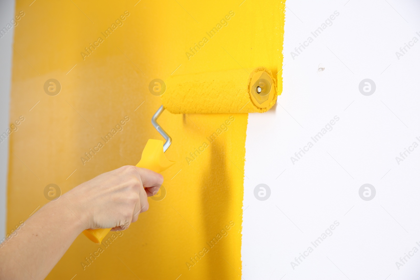 Photo of Woman painting white wall with yellow dye, closeup. Interior renovation