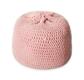 Photo of Stylish pink knitted pouf isolated on white