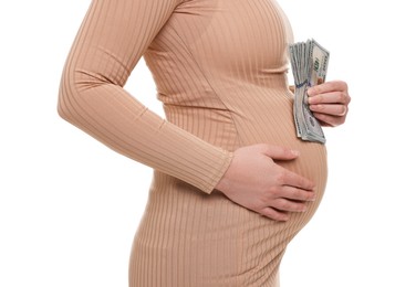 Surrogate mother. Pregnant woman with dollar banknotes on white background, closeup