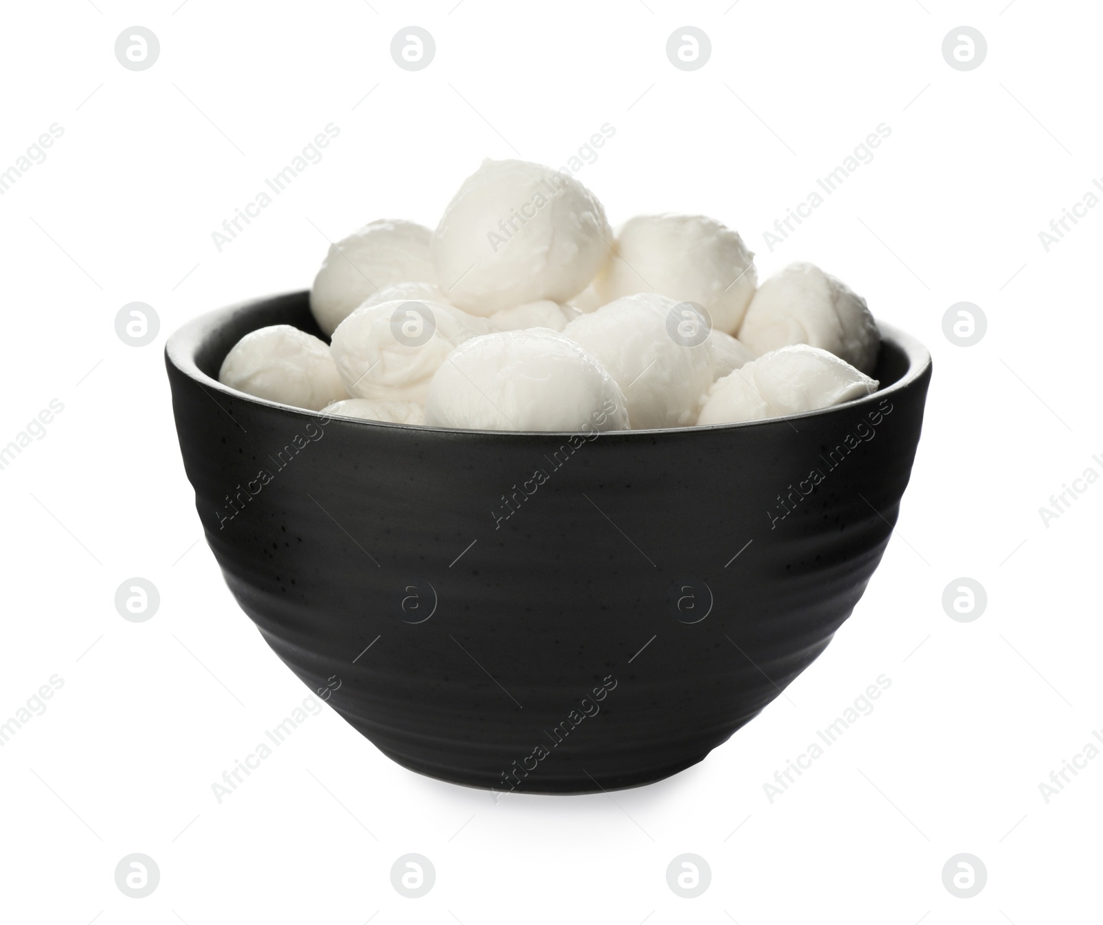 Photo of Bowl with mozzarella cheese balls on white background
