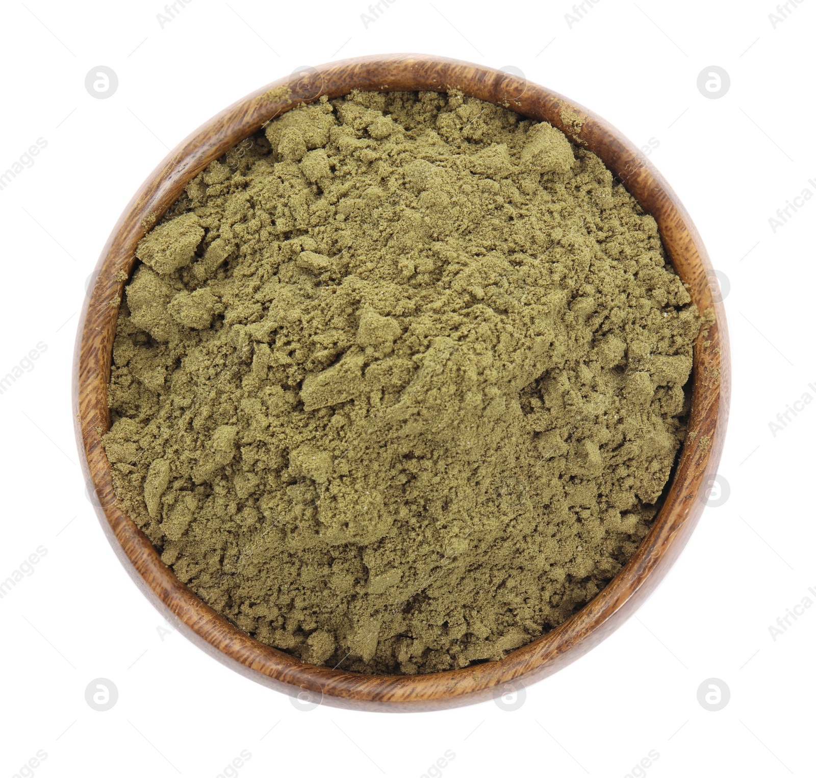 Photo of Wooden bowl with hemp protein powder isolated on white, top view