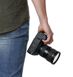 Photographer holding modern camera on white background, closeup