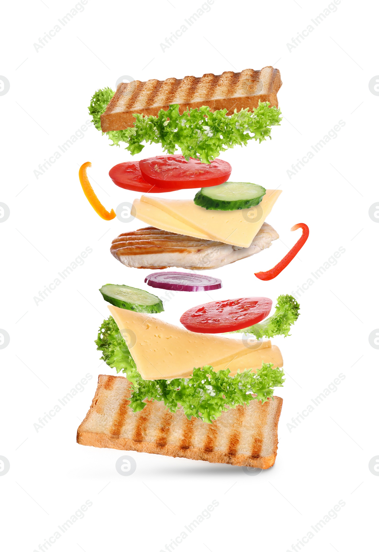 Image of Delicious sandwich with toasted bread on white background