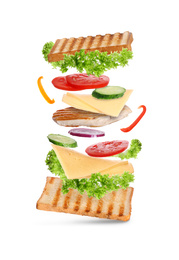 Image of Delicious sandwich with toasted bread on white background