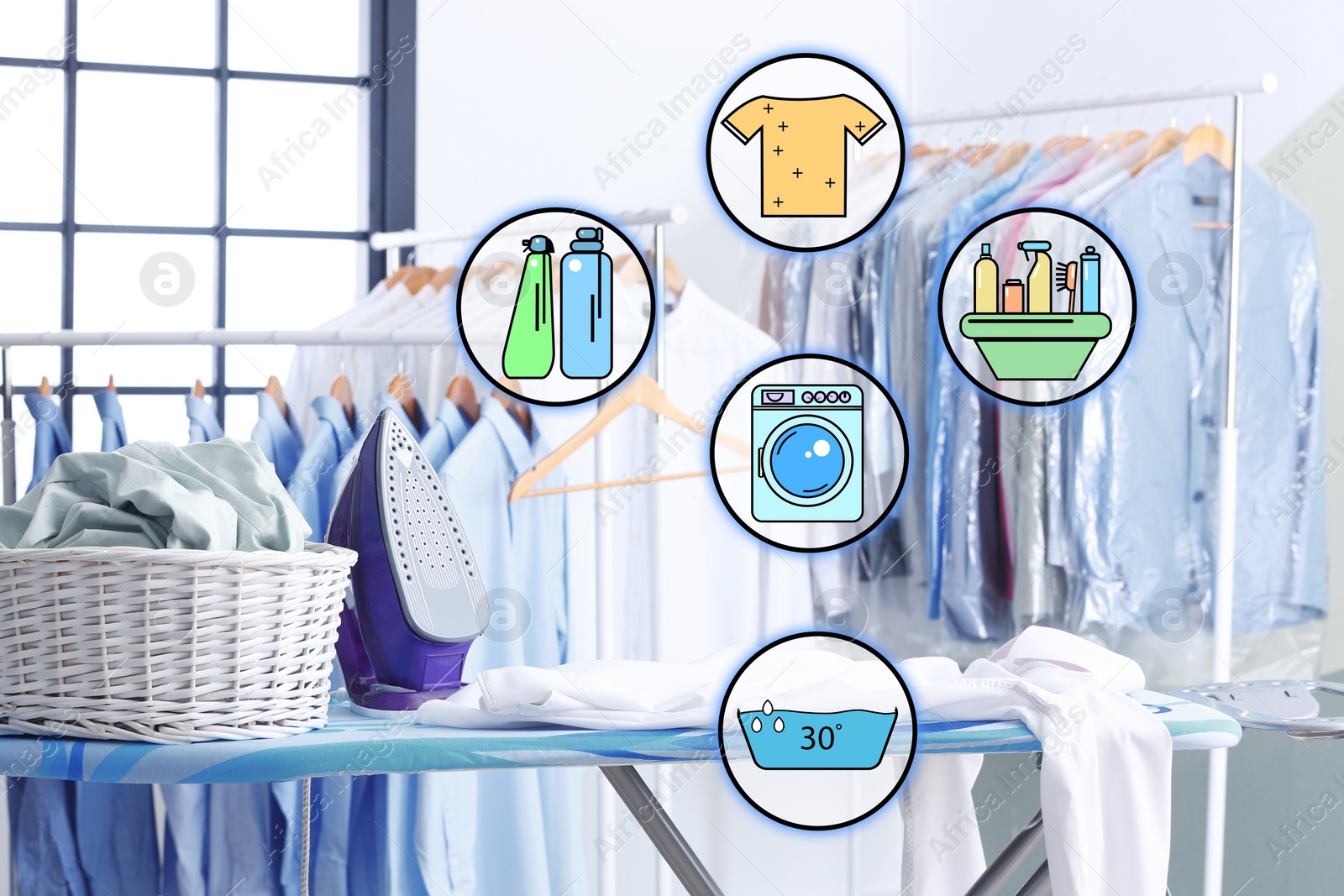 Image of Different icons and ironing board with clothes at dry-cleaner's 