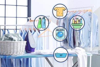 Different icons and ironing board with clothes at dry-cleaner's 