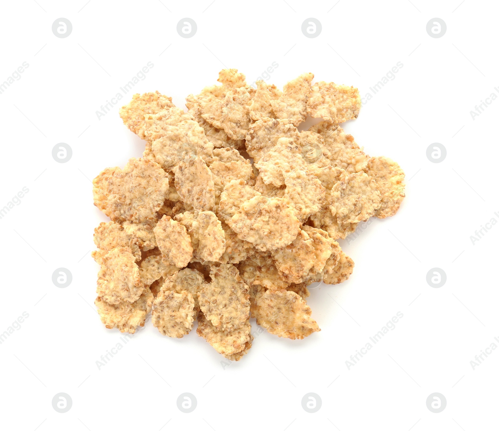 Photo of Wheat flakes on white background. Healthy grains and cereals