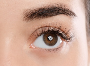 Photo of Young woman with beautiful eyelashes, closeup view