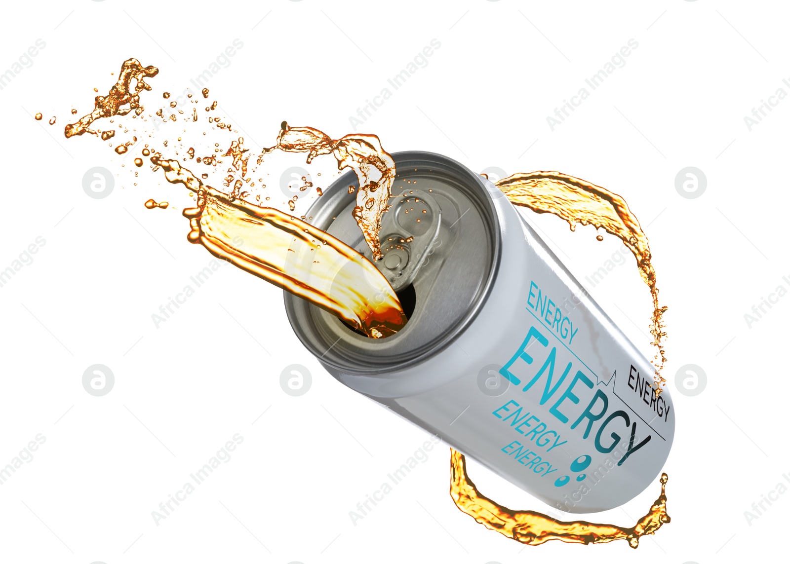 Image of Can of energy drink with splashes on white background