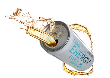 Can of energy drink with splashes on white background