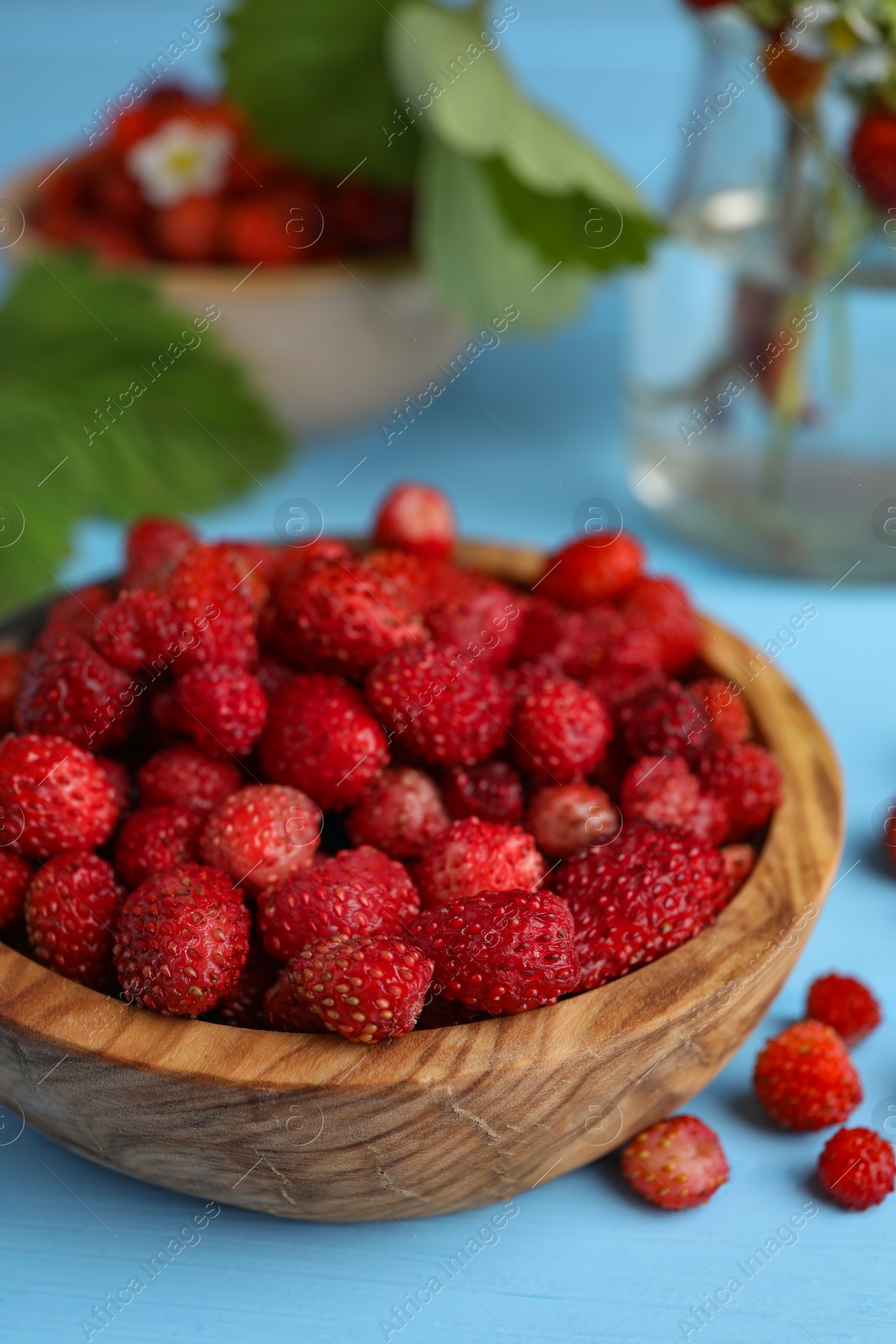 Photo of Fresh wild strawberries in bowl on light blue table