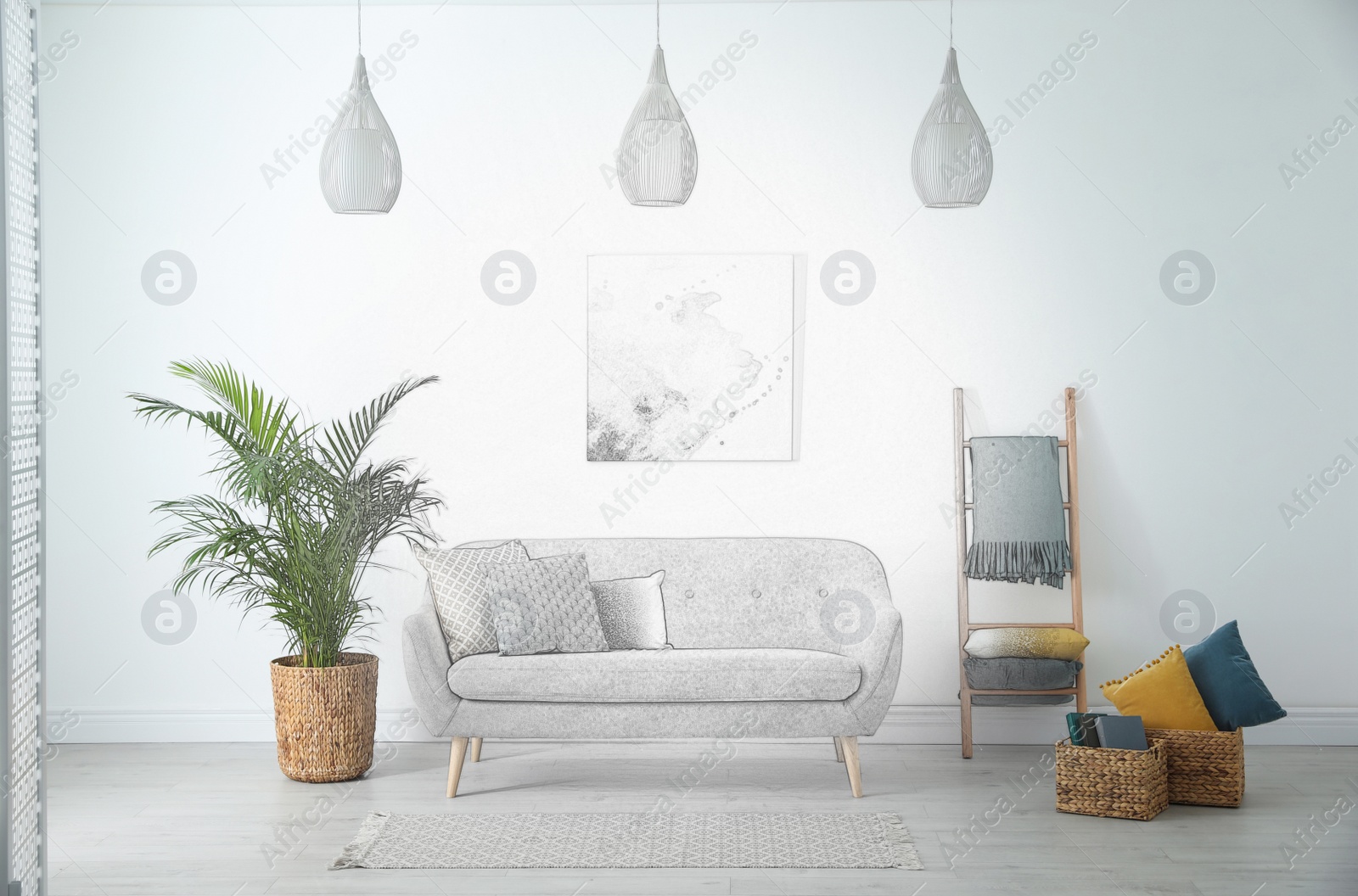 Image of Different soft pillows on sofa in living room. Illustrated interior design