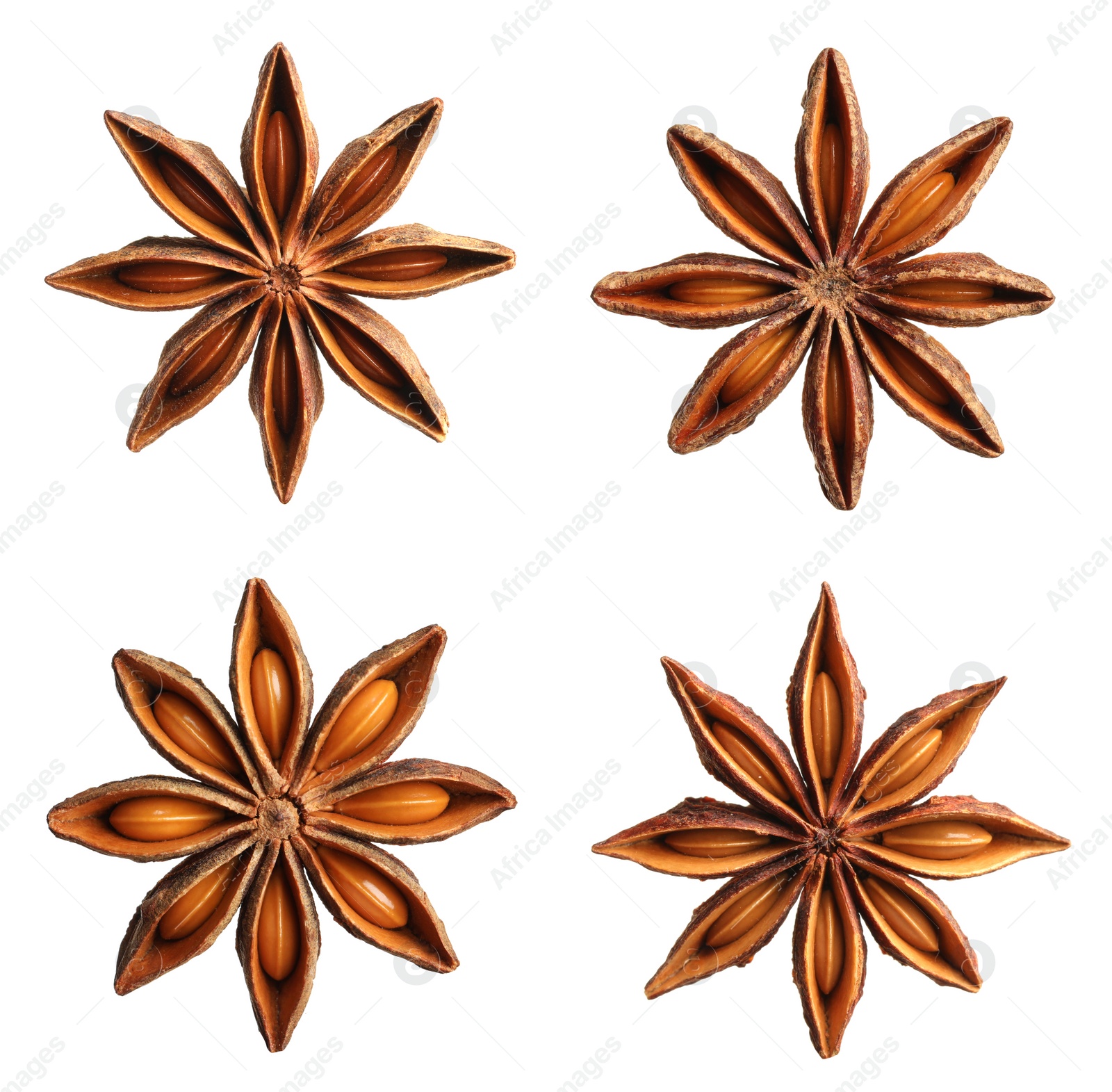 Image of Set with dry anise anise stars on white background, top view