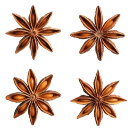 Image of Set with dry anise anise stars on white background, top view