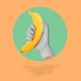 Image of Woman holding banana in hand on bright background. Creative art design