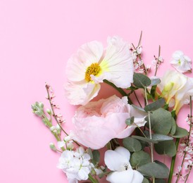 Different beautiful flowers on pink background, flat lay